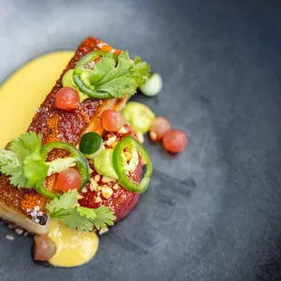 Berkshire Pork Belly: Peanut | Local Watermelon | Avocado | Cucumber | Cilantro-Sauce Vierge