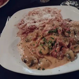 Chicken Sunrise with side of spaghetti.