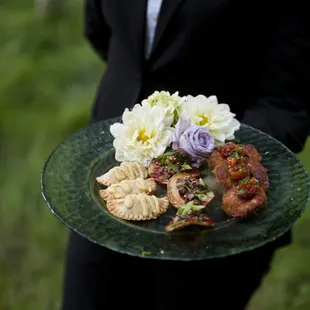 App platter: Mini Empanadas (the best!), duck crisps and jumbo shrimp