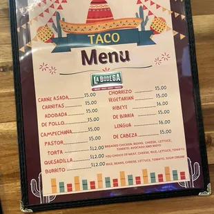 Taco menu - dinner