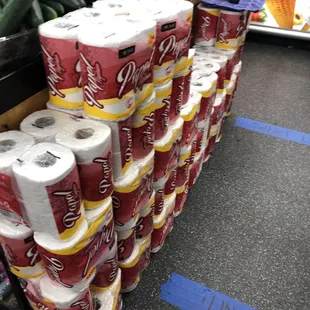 stacks of rolls of toilet paper