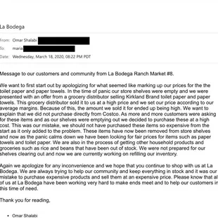 Apology Letter from La Bodega