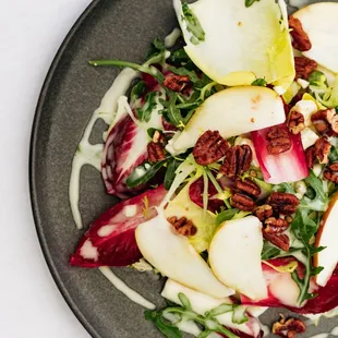 Belgian Endive Pear Salad with gorgonzola blue, frisee, arugula, candied pecans, &amp; apple cider vinaigrette