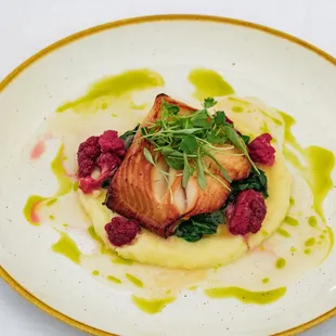 Baked Black Cod with soy glaze, dashi, potato puree, spinach, &amp; cauliflower