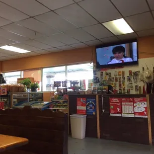 View from our booth. No frills but you can watch a telenovela while you eat great food!