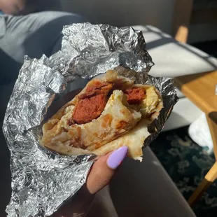 Breakfast burrito with bacon, egg, mushy hashbrowns, and a hot link