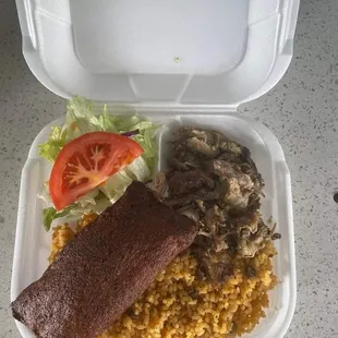 Pastel Frito, Pernil, Arroz con Gandules / Fried Pastel, Roast Pork, Rice with Pigeon Peas