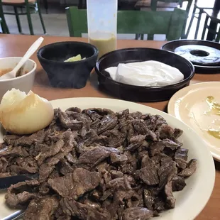 a plate of beef and onions