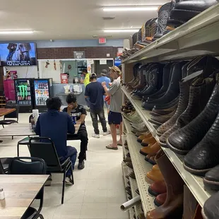 View of restaurant seating and takeout / order window.