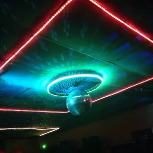 a disco ball suspended from the ceiling