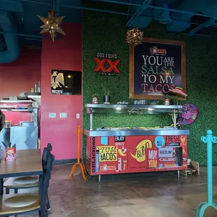 View of the salsa bar where you can try all sorts of salsa and make your own combination