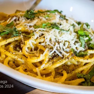 CARBONARA Bucatini, Guanciale, Garlic, Egg Yolk, Parmesan, Pecorino, Black Pepper, Basil