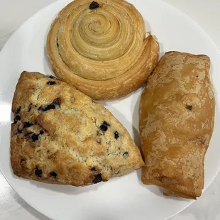Raisin Custard, blueberry scone and spinach croissant