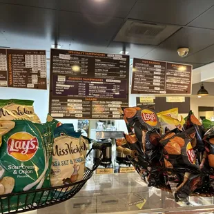 Chips, menu in the background