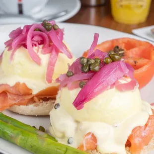 Norwegian Eggs Benedict with homemade Hollandaise sauce and pickled onions and capers.