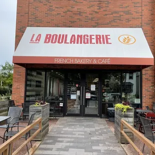 the entrance to the french bakery and cafe
