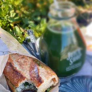 Pesto Chicken &amp; Arugula Baguette (&amp; got a green juice from nearby Juice Shop)