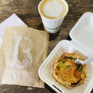 Smoked salmon quiche and vanilla bean latte