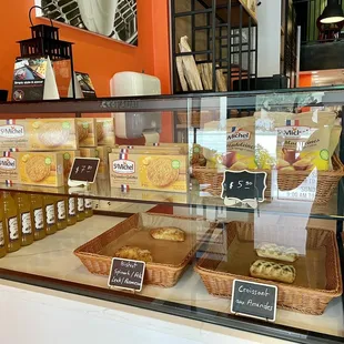a display case filled with food