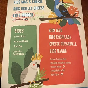 Kids menu August 2022