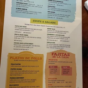 Starters, Soups &amp; Salads, Chicken plates, Fajitas menu