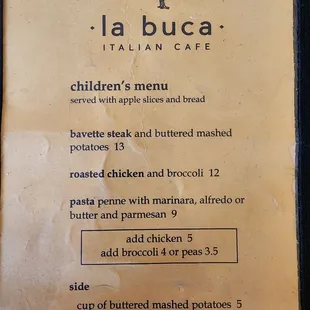 Great Kids Menu! Limited but pretty good selection.