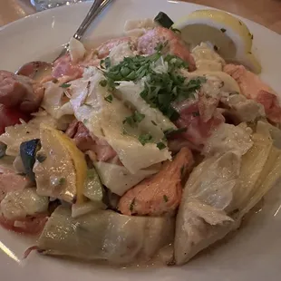 Amazing pappardelle salmon, prawn, artichoke, zucchini, tomato special!!
