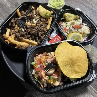 Shrimp ceviche, Asada Fries, Baja Fish Taco