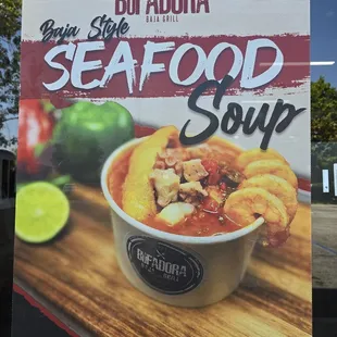 Poster in the window - seafood soup