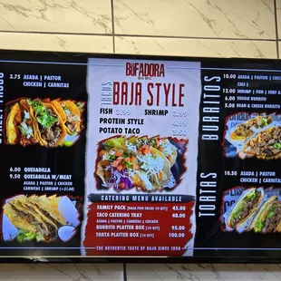 Menu as of June 1, 2024 - Street Tacos, Quesadillas, Baja style tacos, catering trays and family packs, Burritos, &amp; Tortas