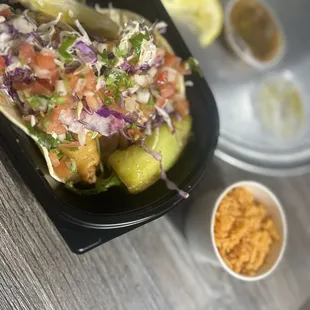 Fish tacos and side or rice