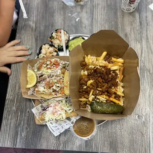 Al pastor fries. Shrimp and fish tacos. Potato tacos.