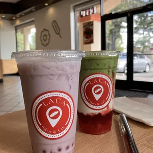 Taro milk tea and Matcha strawberry drink