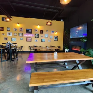 tables and benches in a restaurant