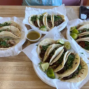 Tacos de cabeza, al pastor, carnitas, and asada