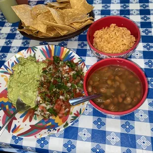 Their tasty beans with rice, chips and salsa