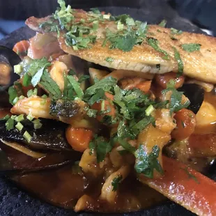 Close up seafood medley in the Molcajete de Mariscos