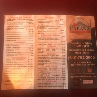 the menu for the restaurant