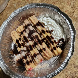 Churro dessert - I believe the stuffing is strawberry on the inside. Very good