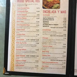 the menu and prices
