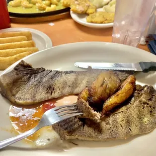 Lengua A La Plancha (beef tongue), Yuca Frita (yuca fries)