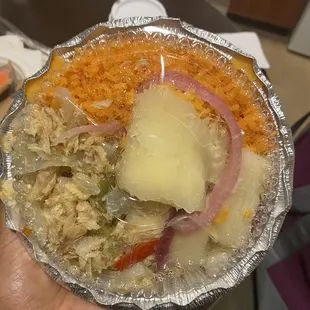 Salt fish, yucca, Spanish rice plate