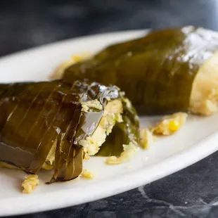 a white plate with two stuffed grape leaves