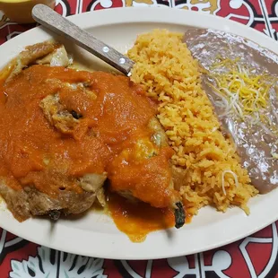 Chili rellenos , rice and beans
