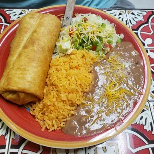 Chorizo chimichanga,  rice and beans