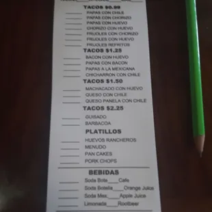 Breakfast taco order sheet