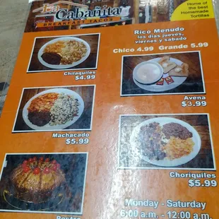 Menu with prices