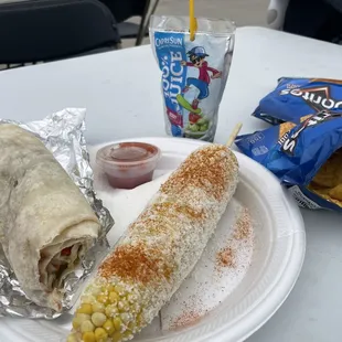 Veggie burrito and elote from the truck ;) only