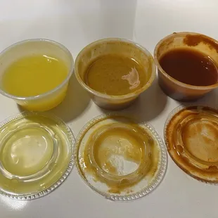 My meal via Door Dash came with 3 sauces. Left - Drawn Butter - Middle - Spicy Cajun - Right - Louisiana Hot Sauce