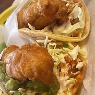 Crispy Calaca Loca Especial Taco and Baja Pescado Taco (top)